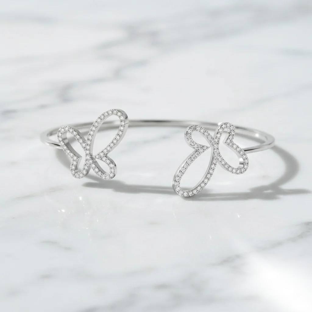 Flutter Dual Butterfly Open Cuff Bracelet in 925 Sterling Silver with Premium Moissanite - Image 2