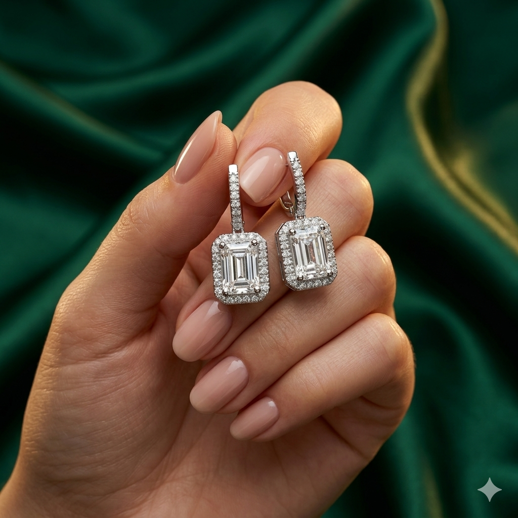 Radiant Cut Moissanite Halo Drop Earrings - Image 4