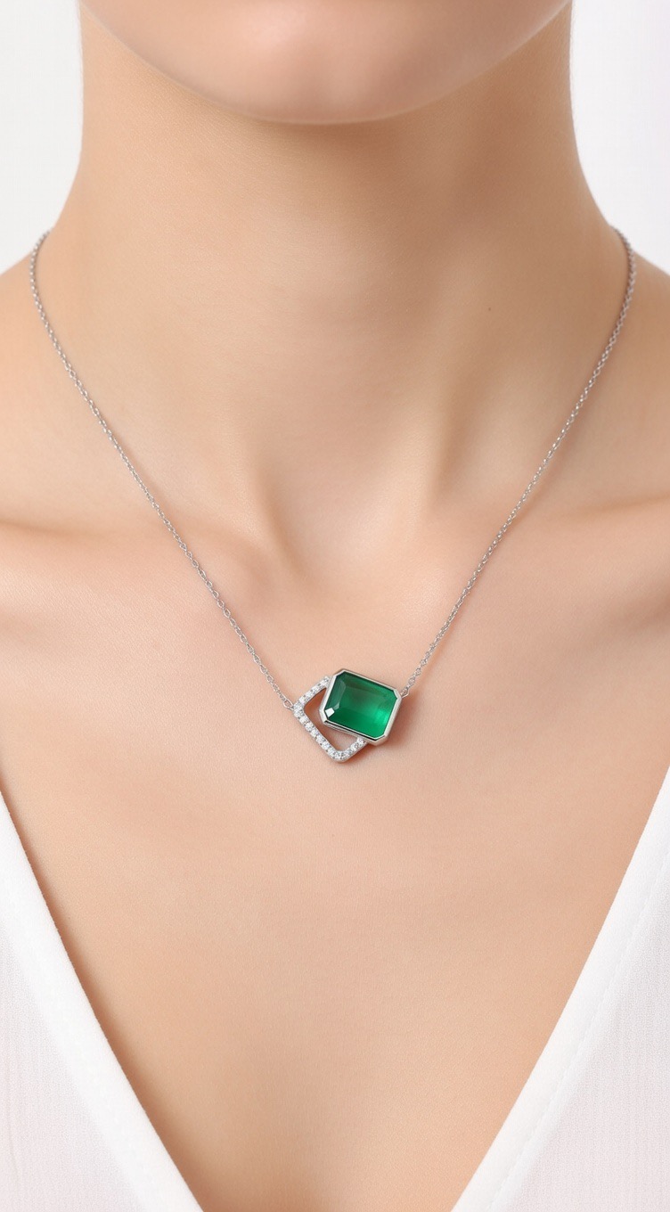 Emerald Moissanite Sterling Silver Pendant Necklace - Image 3