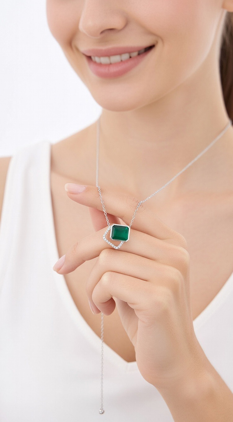 Emerald Moissanite Sterling Silver Pendant Necklace - Image 2