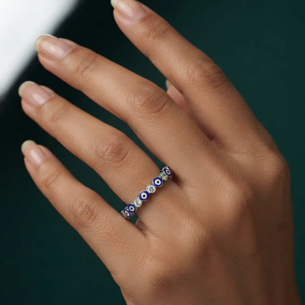 Blue Evil Eye Moissanite Eternity Ring – A Modern Symbol of Protection, Elegance & Everlasting Sparkle
