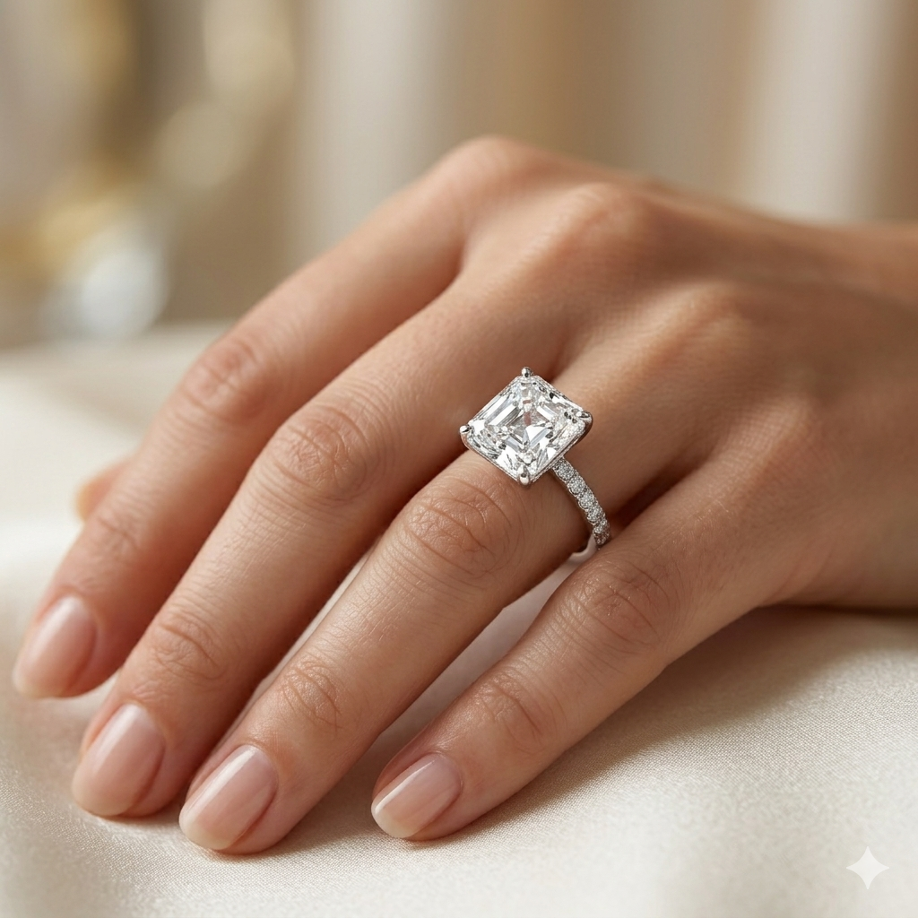 Cushion Cut Moissanite Solitaire Ring with Diamond-Style Side Stones - Image 8