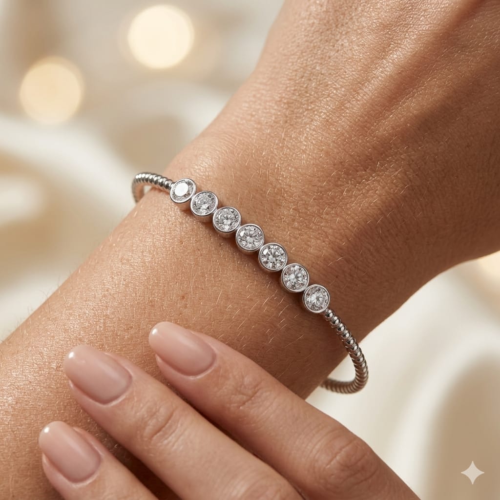 925 Sterling Silver Luna Bezel Premium Moissanite Diamond Open Bangle for Women